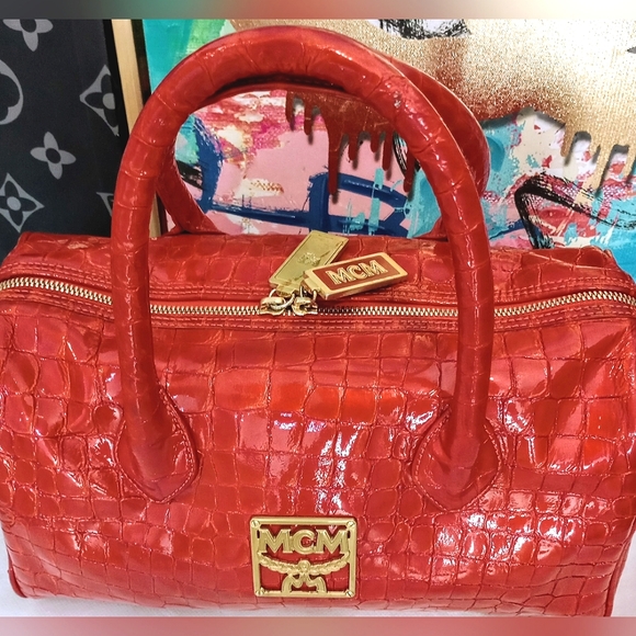 MCM Croco Embossed Top Handle Boston Bag - Picture 15 of 16